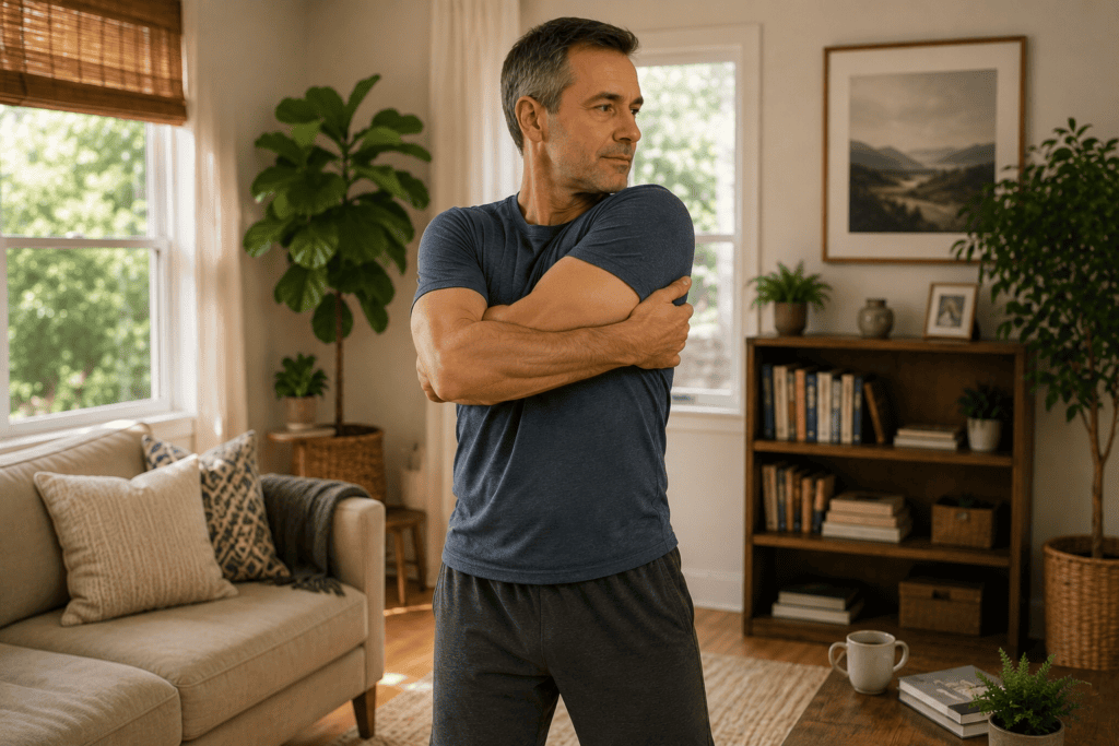 Person walking outdoors or performing gentle rotational movement at home with relaxed posture and engaged expression, demonstrating the gentle movement approach for sciatica.