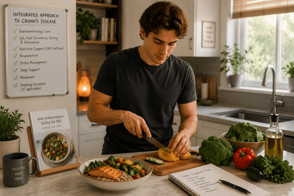 Person preparing an anti-inflammatory meal at home while communicating the coordinated integrated approach to Crohn's disease management.