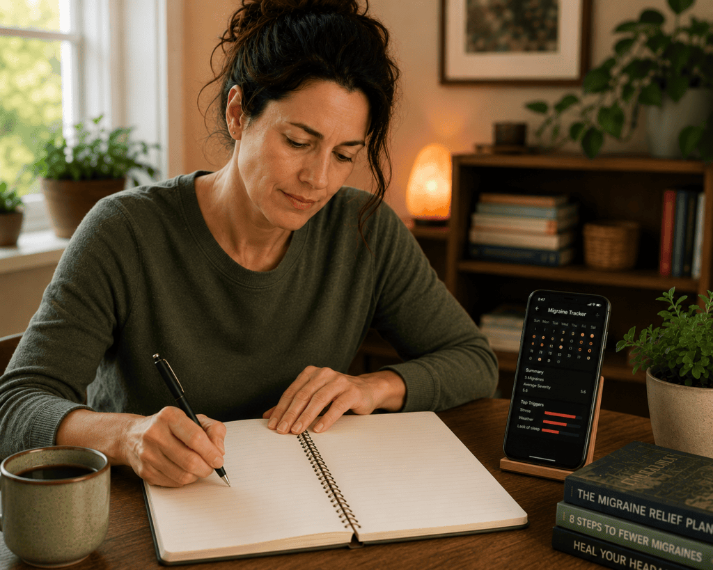 Person at home tracking migraine triggers in a journal or on a phone app, communicating the active trigger identification that supports migraine management.