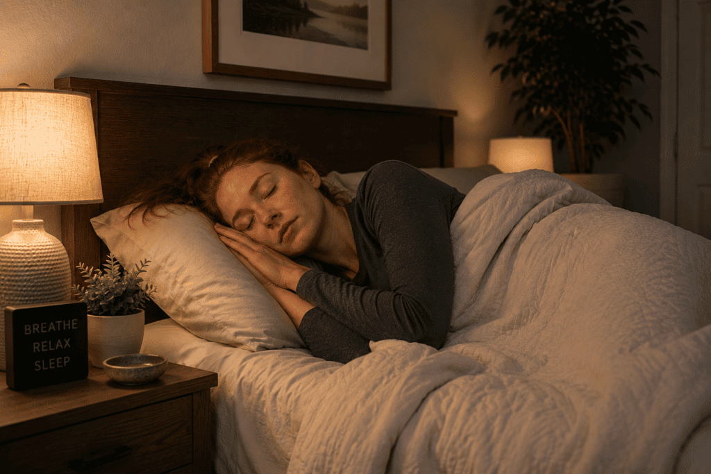 Young red-haired woman sleeping peacefully on her side in a cozy bedroom, illustrating healthy restorative sleep after overcoming insomnia.