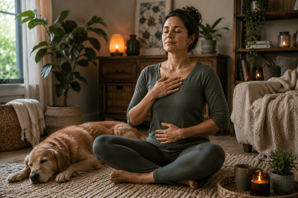Person sitting comfortably with eyes closed and relaxed posture, practicing slow deliberate breath work as a natural stress reduction method.