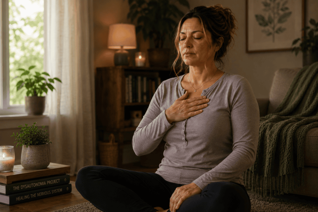 Person sitting comfortably with eyes closed and one hand on the chest, practicing slow deliberate breath work to activate the parasympathetic nervous system.
