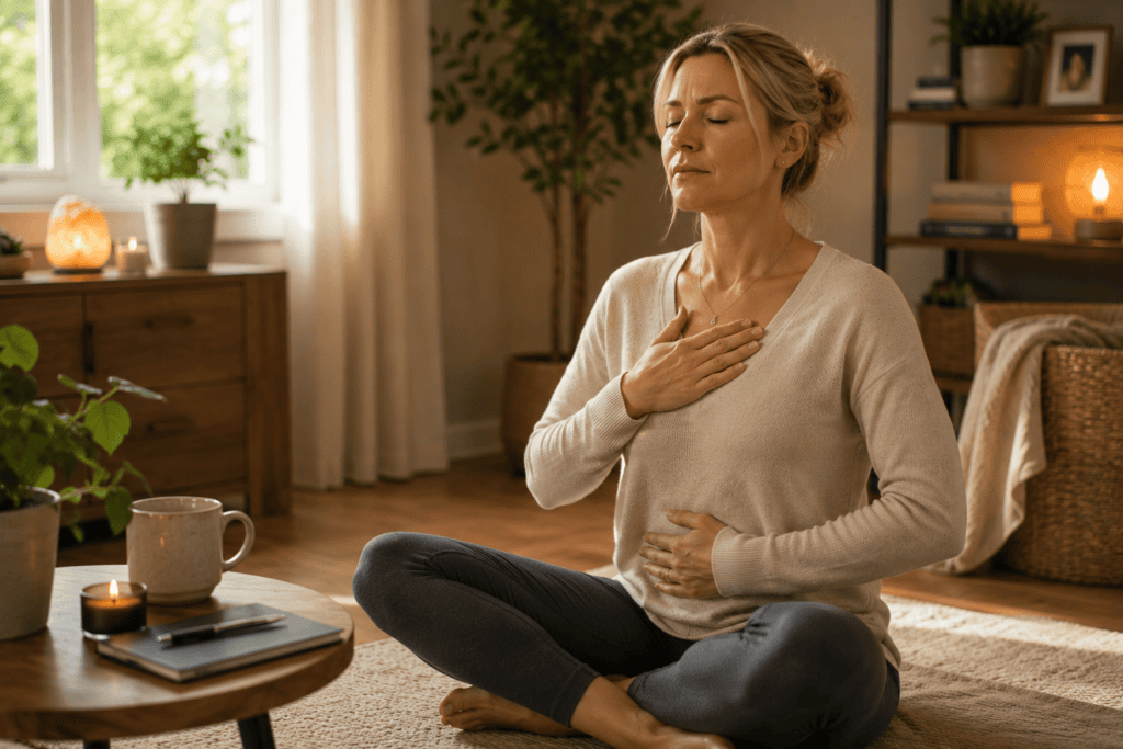 Person sitting quietly in a moment of self-attunement or breath work, engaging with the broader stress reduction practices that complement acupuncture treatment.