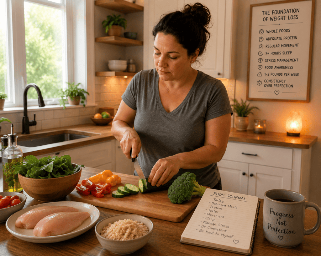 Person preparing whole foods in a warm home kitchen with vegetables, lean protein, and simple ingredients visible, illustrating the foundation of sustained weight loss.