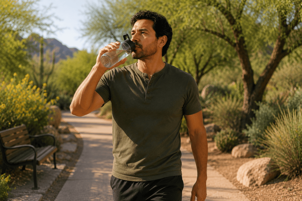 Person walking outdoors while drinking water, illustrating the foundational habits of hydration and regular movement that support digestive function.