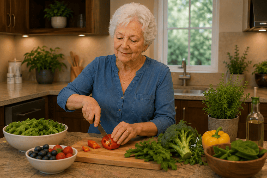 Person engaged in daily practices supporting arthritis management including gentle movement, nourishing food, and considered self-care.