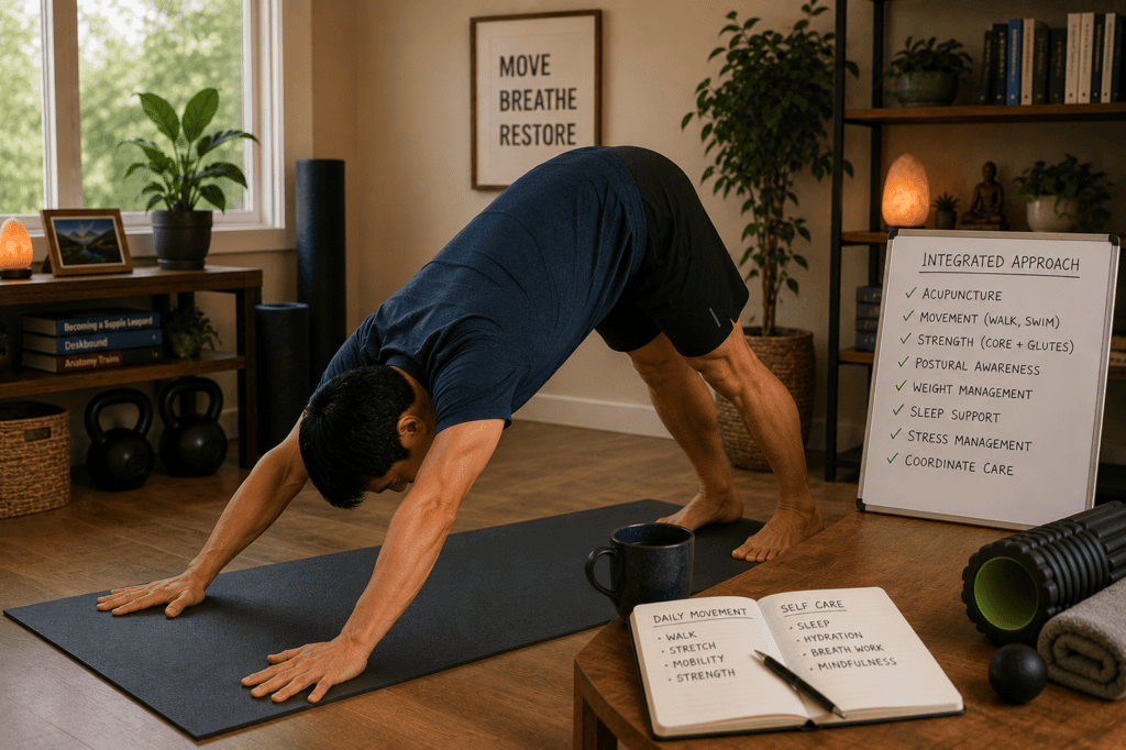 Person engaged in daily practices supporting back health including gentle movement, targeted strengthening, and considered self-care.