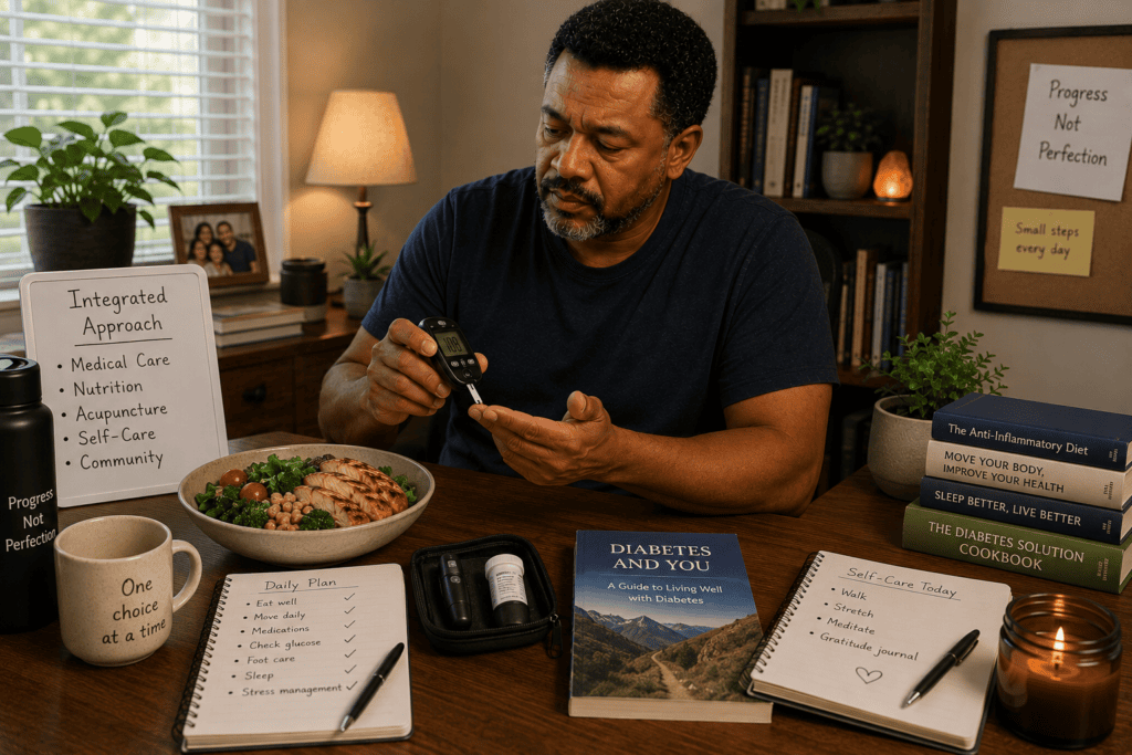 Person engaged in daily practices supporting diabetes management including nutrition, movement, glucose monitoring, and considered self-care.