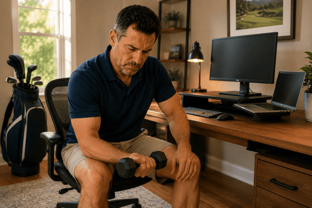 Middle-aged man performing a forearm strengthening exercise in a home office with an ergonomic workstation, illustrating an integrated approach to recovering from golfer’s elbow.