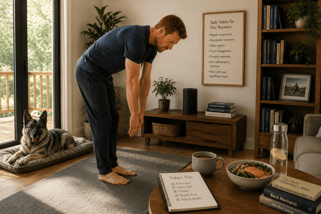 Person engaged in daily practices supporting recovery from a herniated disc including gentle movement and considered self-care.