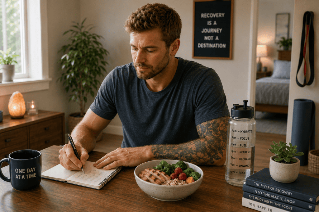 Person engaged in daily recovery practices including nutrition, movement, and sleep support, illustrating the coordinated approach that sustains long-term recovery.