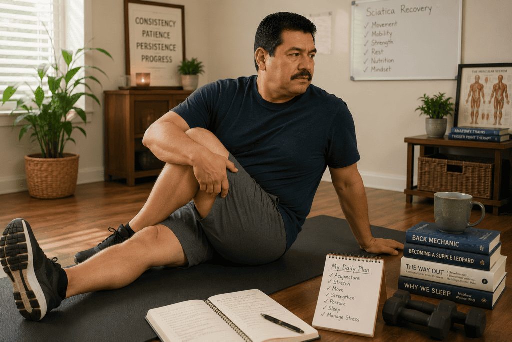 Person engaged in daily practices supporting sciatica recovery including gentle movement, targeted stretching, and postural awareness.
