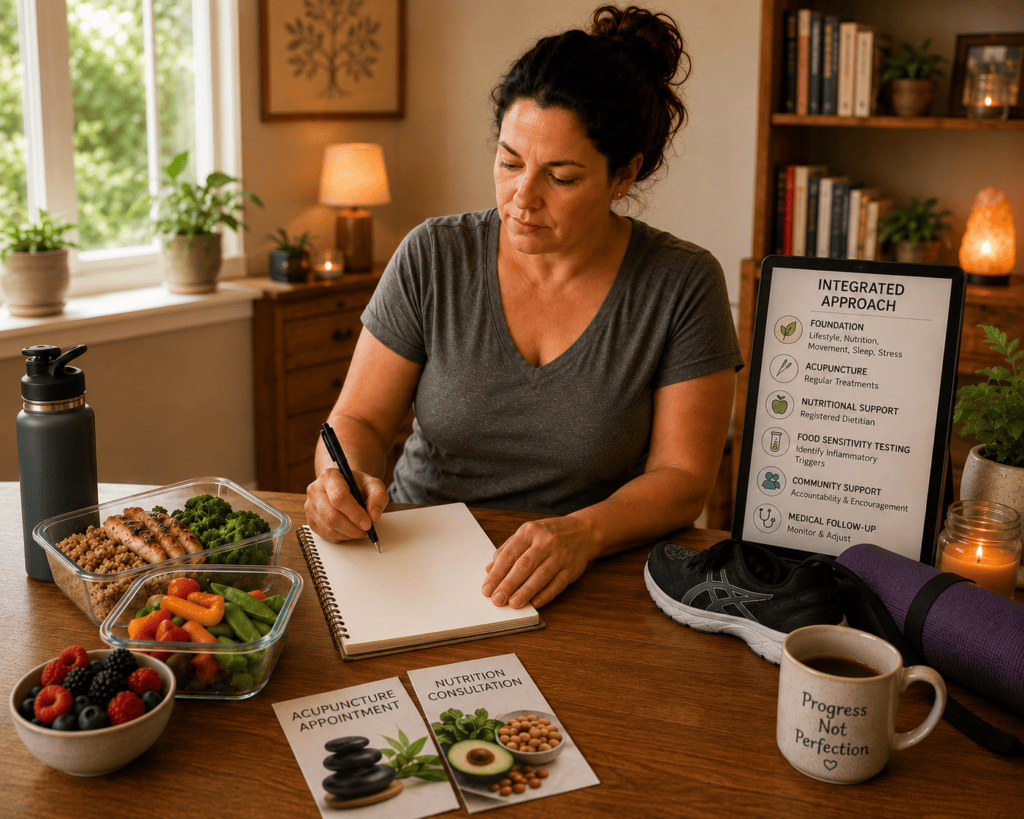 Person engaged in multiple aspects of an integrated weight loss approach including nutrition, movement, and complementary care, illustrating the coordinated strategy that produces sustained results.