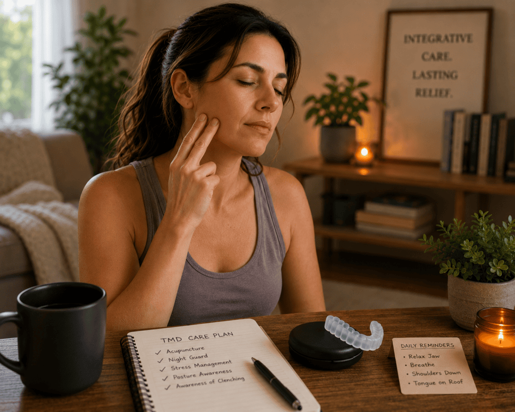 Person in a moment of integrated TMD care, communicating the multiple concurrent practices that support recovery from the condition.