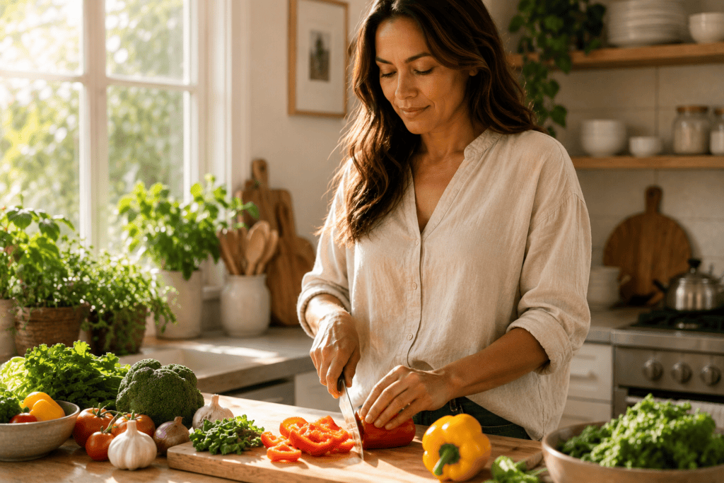 Person in a bright kitchen preparing a fresh meal with colorful vegetables on a cutting board, communicating vitality and metabolic wellbeing.
