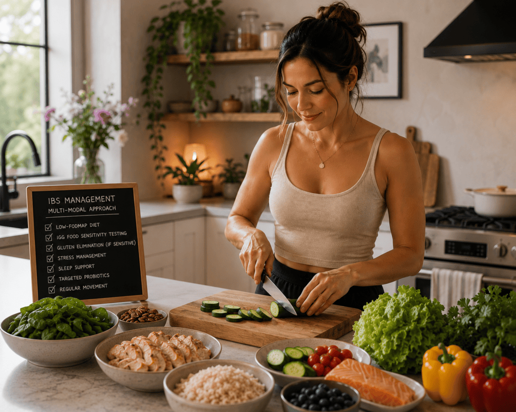 Person in a home kitchen preparing a meal with low-FODMAP foods visible, illustrating the dietary intervention that supports IBS management.
