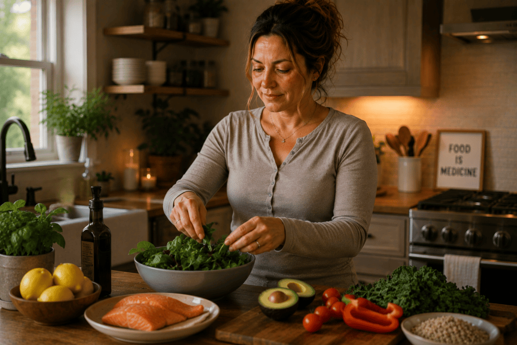 Person in a warm home kitchen preparing a meal with anti-inflammatory foods including leafy greens, lean protein, and fresh vegetables.