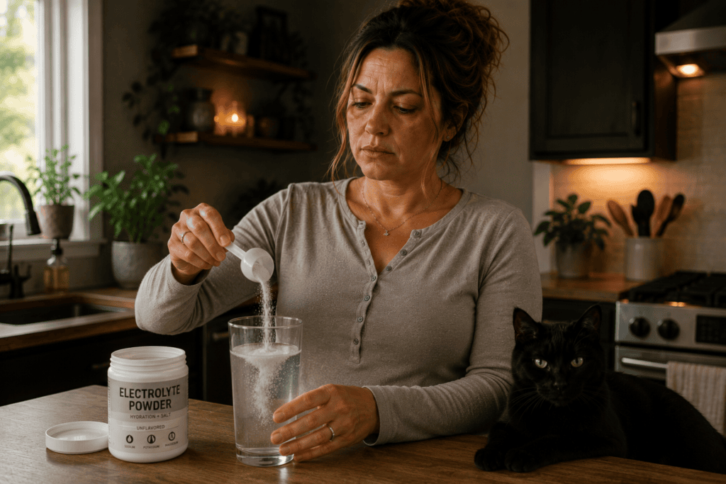 Person in a warm kitchen adding electrolyte powder to a large glass of water, demonstrating the daily practice of salt and fluid loading for dysautonomia managemen