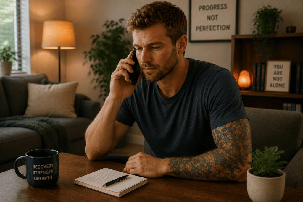 Person on the phone reaching out to a professional recovery resource, illustrating the importance of appropriate professional support in addressing addiction.