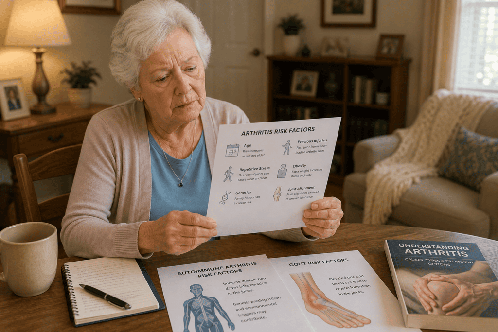 Person at home reviewing information about arthritis risk factors including age, previous injuries, weight, and inflammatory conditions.