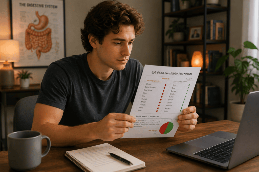 Person reviewing IgG food sensitivity test results at home, illustrating the diagnostic tool that identifies individual dietary triggers for Crohn's patients.