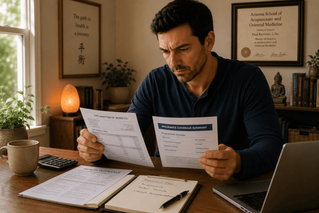 Person reviewing insurance paperwork or a healthcare bill at a home desk, communicating the practical financial considerations of healthcare decisions.