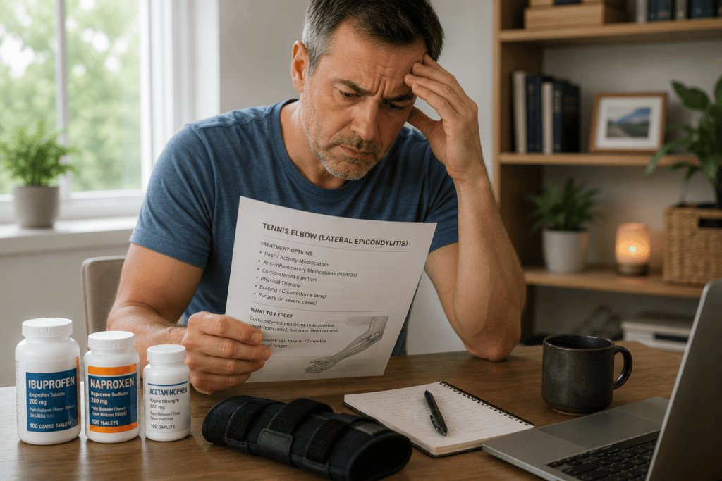 A man at a home desk with medication bottles, wrist brace, and printed medical information, expression communicating the frustration of cycling through standard care without lasting relief.