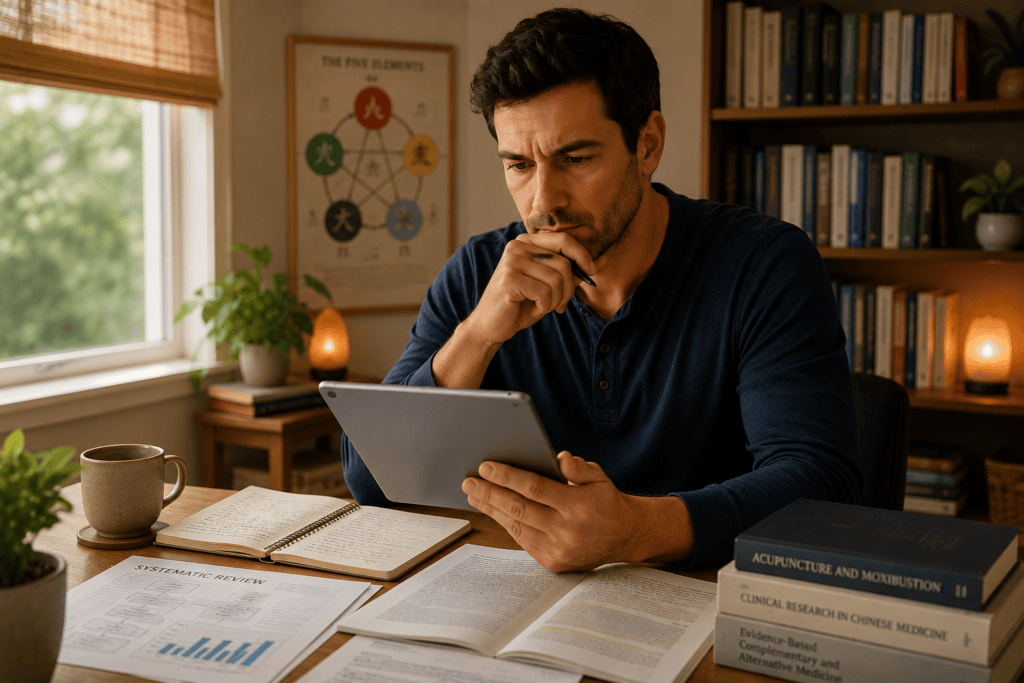 Person reviewing research materials on a tablet or laptop with focused engaged expression, communicating the careful evaluation of medical evidence.