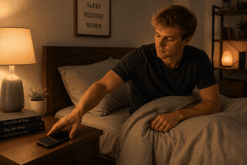 Person setting their phone face-down on a bedside table before sleep, illustrating the screen discipline that supports natural melatonin production.