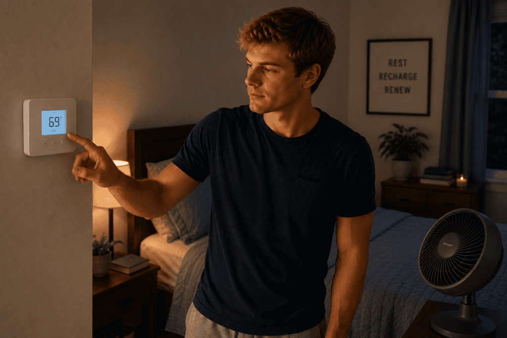 Person adjusting a thermostat or fan in a cool bedroom setting, illustrating the ideal cooler temperature that supports natural sleep.