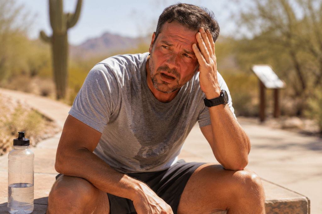 Person sitting outdoors in Arizona sun showing visible signs of heat distress including flushed face, disorientation, and hand pressed to the head.