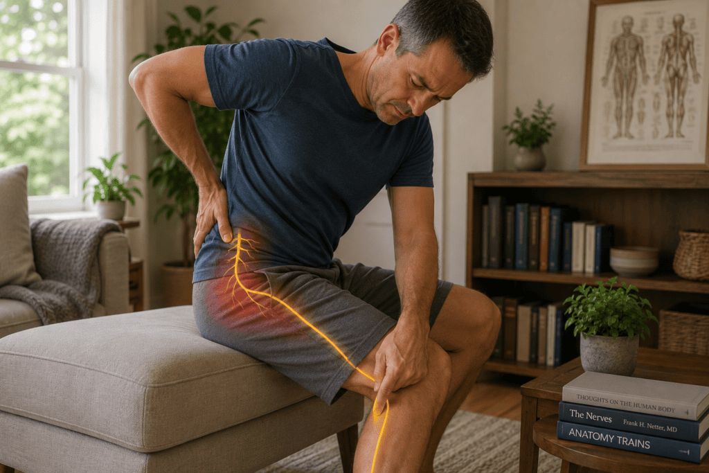 Person seated with a hand tracing along the path from the lower back through the buttock and down the back of the leg, showing the sciatic nerve distribution.