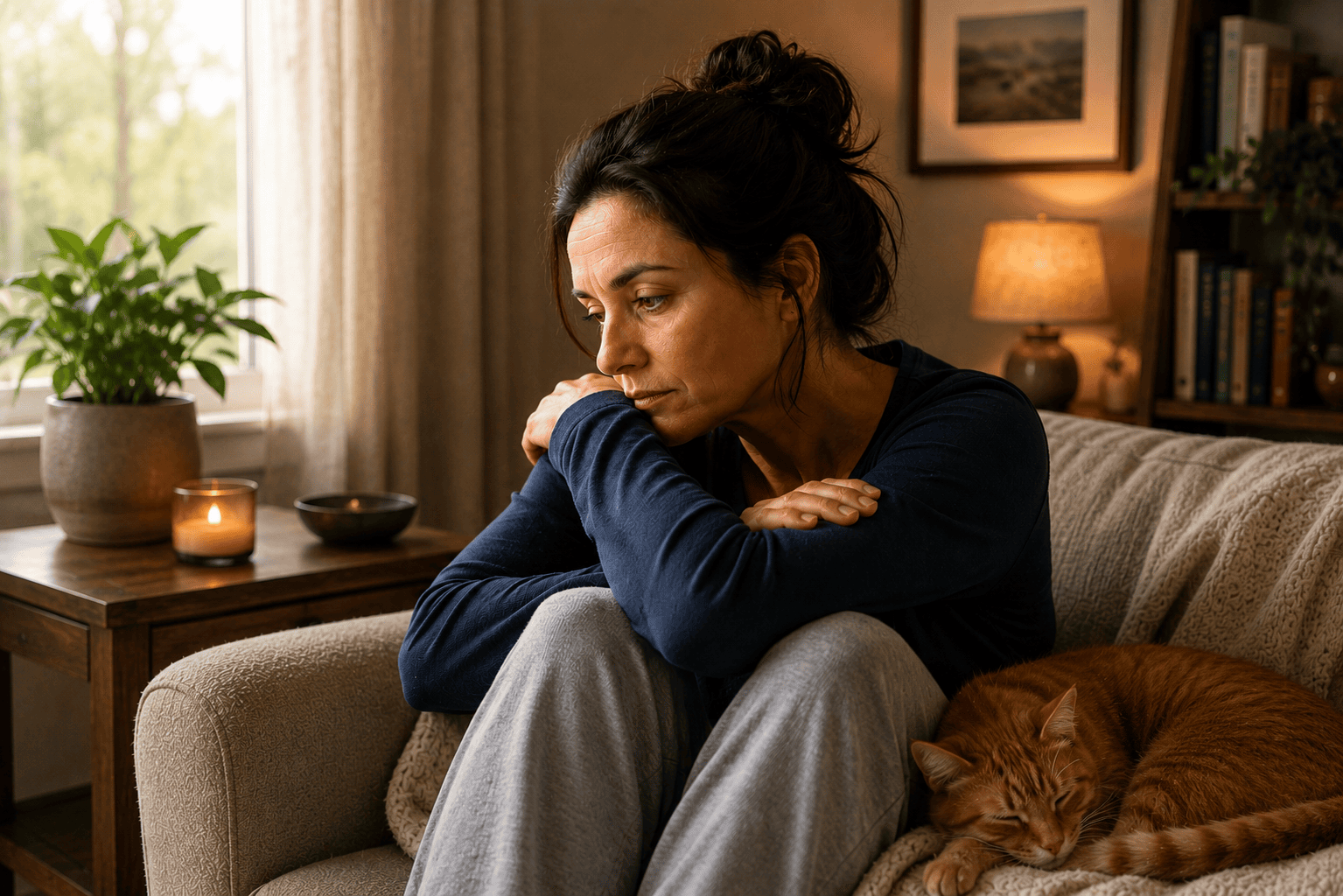 Person sitting quietly in a moment of reflection during a grieving process, communicating the natural and difficult experience of loss.