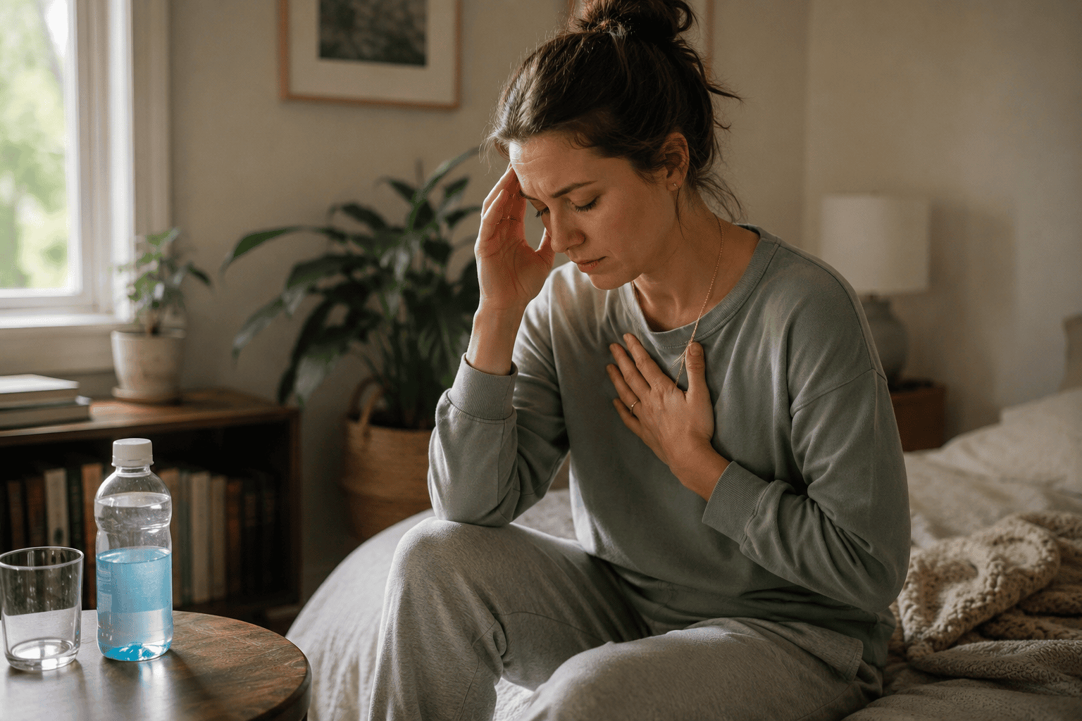 Woman sitting on the edge of a bed with one hand resting on their chest, quietly managing a symptom flare in a warm home setting with a water bottle on a nearby surface.