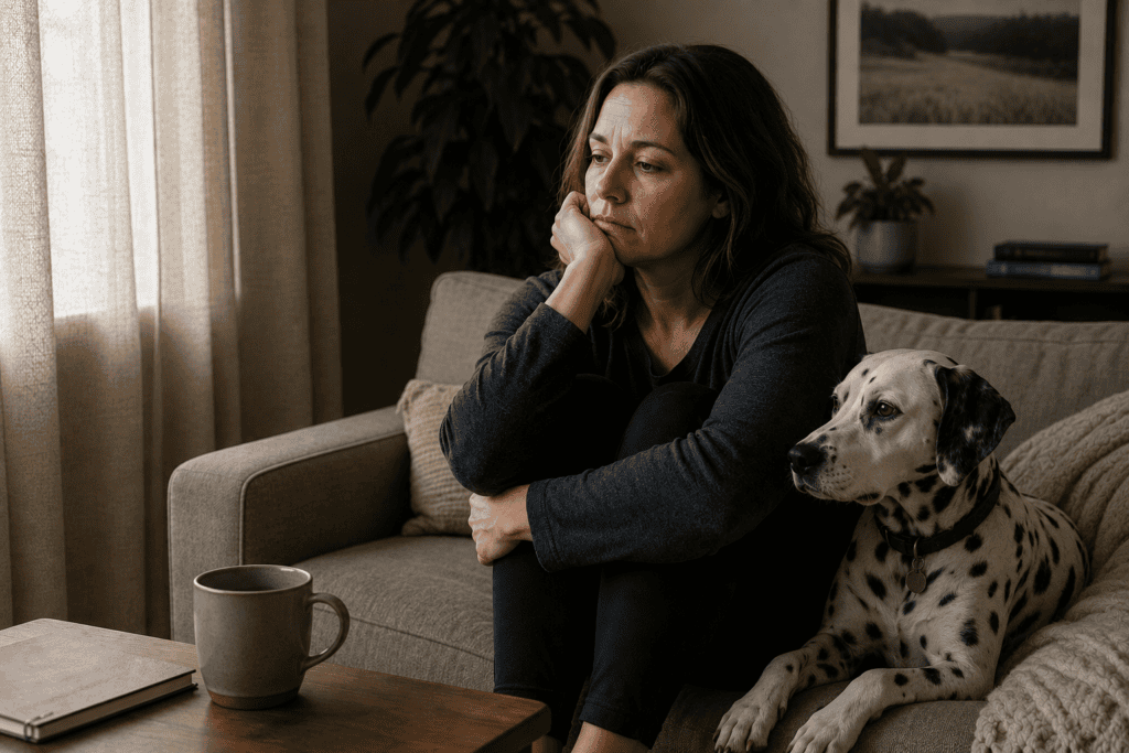 Person sitting quietly at home with a mug of tea nearby, expression communicating the interior experience of depression with dignity.