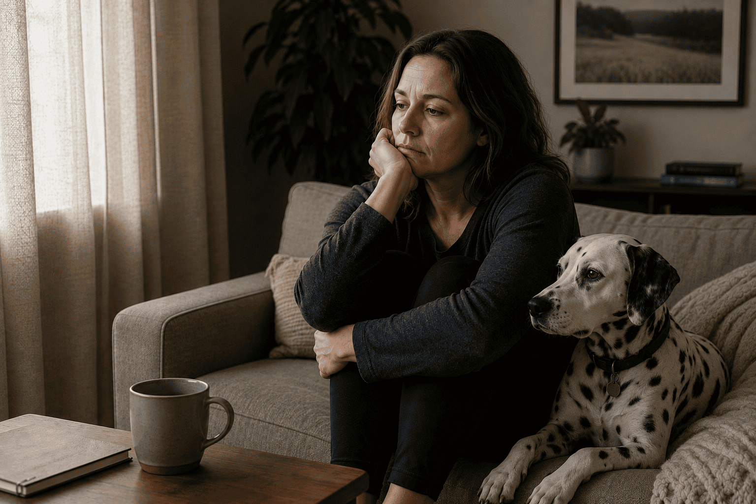 Person sitting quietly at home with a mug of tea nearby, expression communicating the interior experience of depression with dignity.