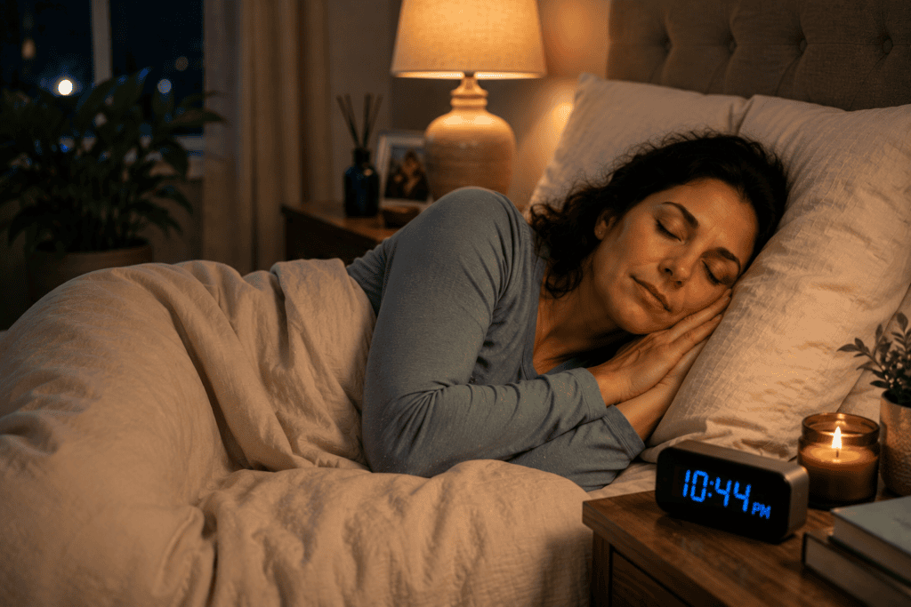 Person peacefully asleep in a well-appointed bedroom with soft neutral linens and calm ambient light, demonstrating restorative sleep as stress management.