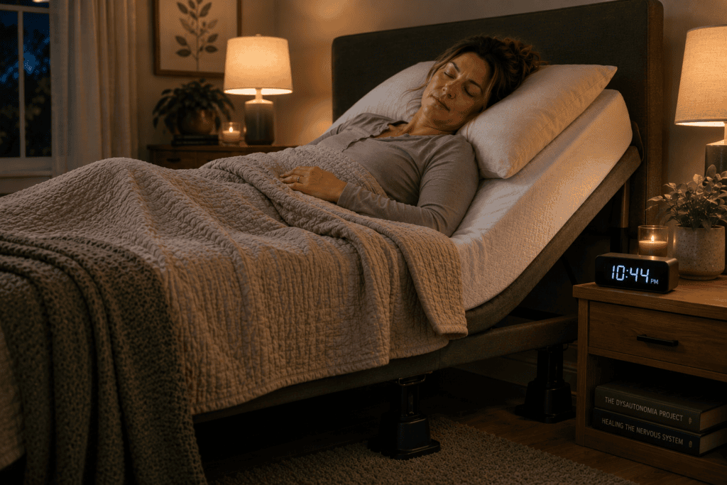 Person peacefully asleep in a bedroom with the head of the bed elevated using bed risers, demonstrating the sleep positioning that supports dysautonomia management.