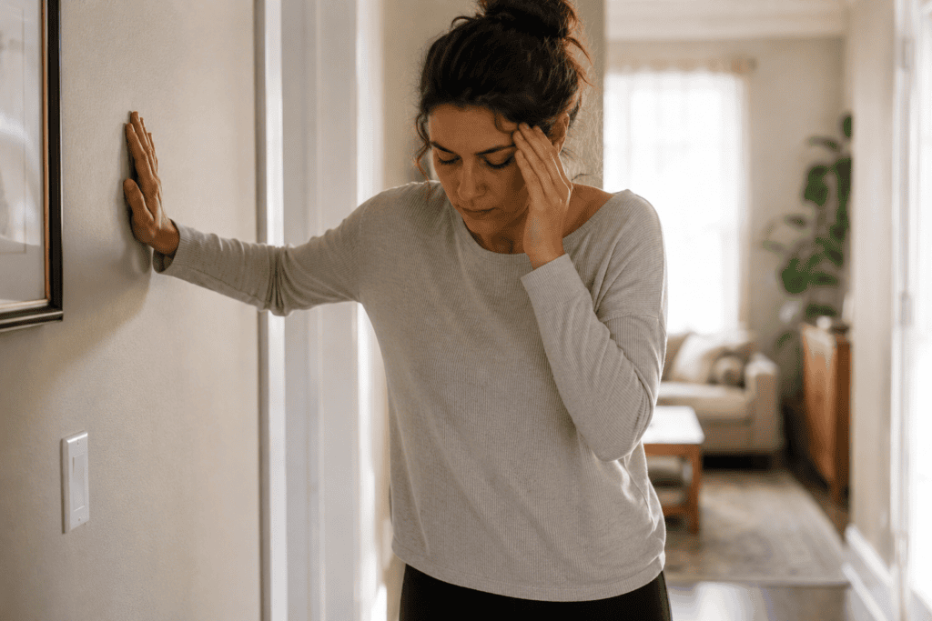 Woman standing near a doorway with one hand steadying themselves against the wall, managing a moment of dizziness during a positional change.