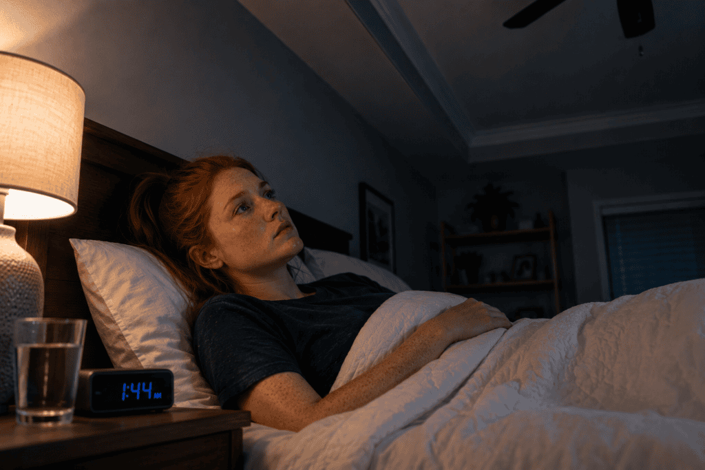 Young red-haired woman with freckles lying awake in bed at 1:44 AM, unable to sleep despite the quiet bedroom environment.