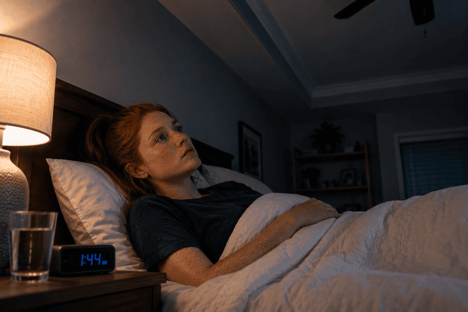 Young red-haired woman with freckles lying awake in bed at 1:44 AM, unable to sleep despite the quiet bedroom environment.