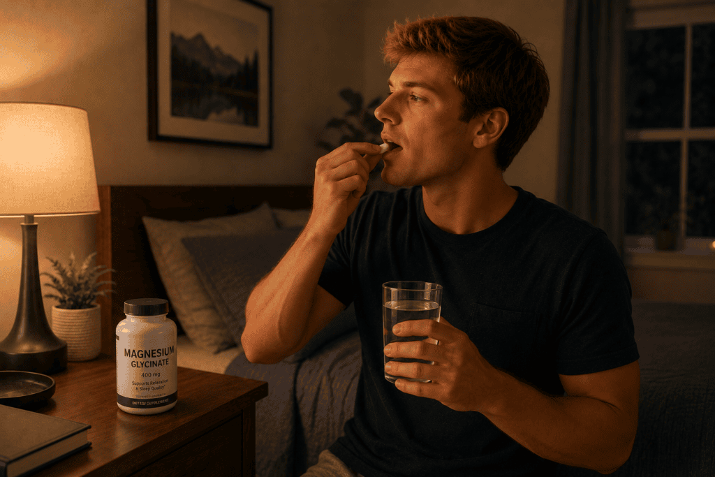 Person taking a magnesium supplement with a glass of water in the evening, illustrating the mineral that supports sleep for many patients.