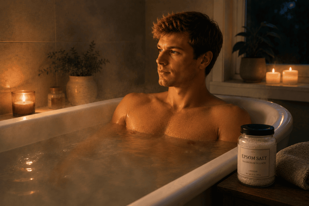 Person in a relaxing warm bath in a home bathroom, illustrating the pre-sleep practice that supports the temperature drop needed for sleep.