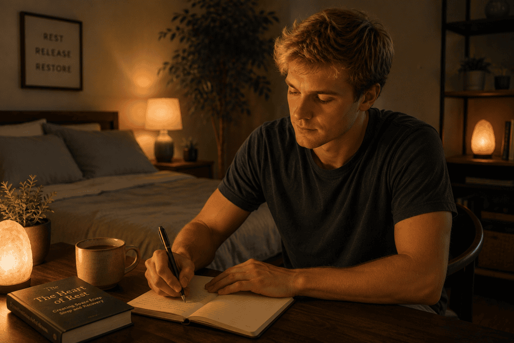 Person in a warm calm bedroom setting preparing for sleep with tools that support natural sleep including tea, a journal, and no screens visible.