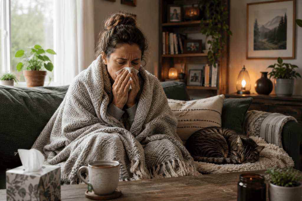 Person wrapped in a blanket on a couch with a cup of tea nearby, communicating the everyday experience of feeling sick at home.