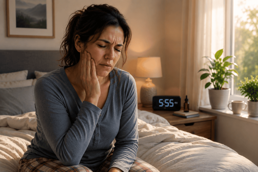 Person just after waking sitting on the edge of a bed with hand pressed to the jaw, communicating morning jaw tension from nighttime grinding.