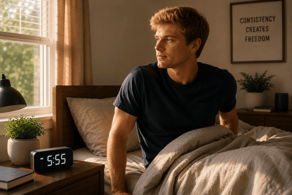 erson waking up in the morning at a consistent time with an alarm clock visible on the bedside table, illustrating the importance of regular sleep and wake times.