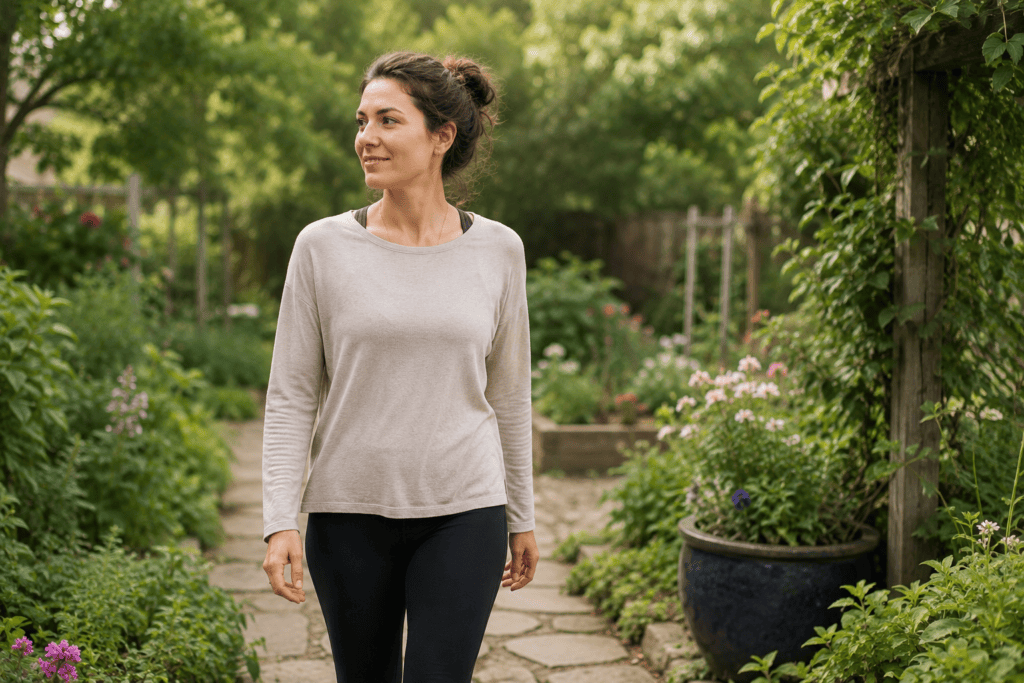 Person walking through a garden with a calm engaged expression, moving comfortably in a scene that communicates the graded functional improvement of dysautonomia treatment.