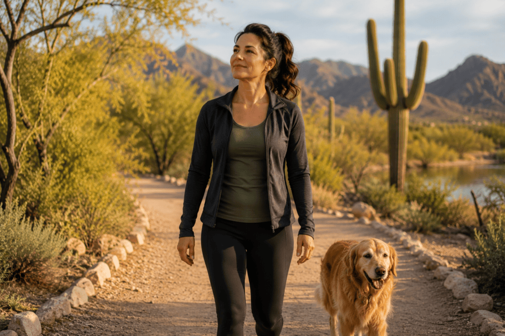 Person walking outdoors in a natural setting with a relaxed posture and engaged expression, demonstrating everyday movement as stress management.