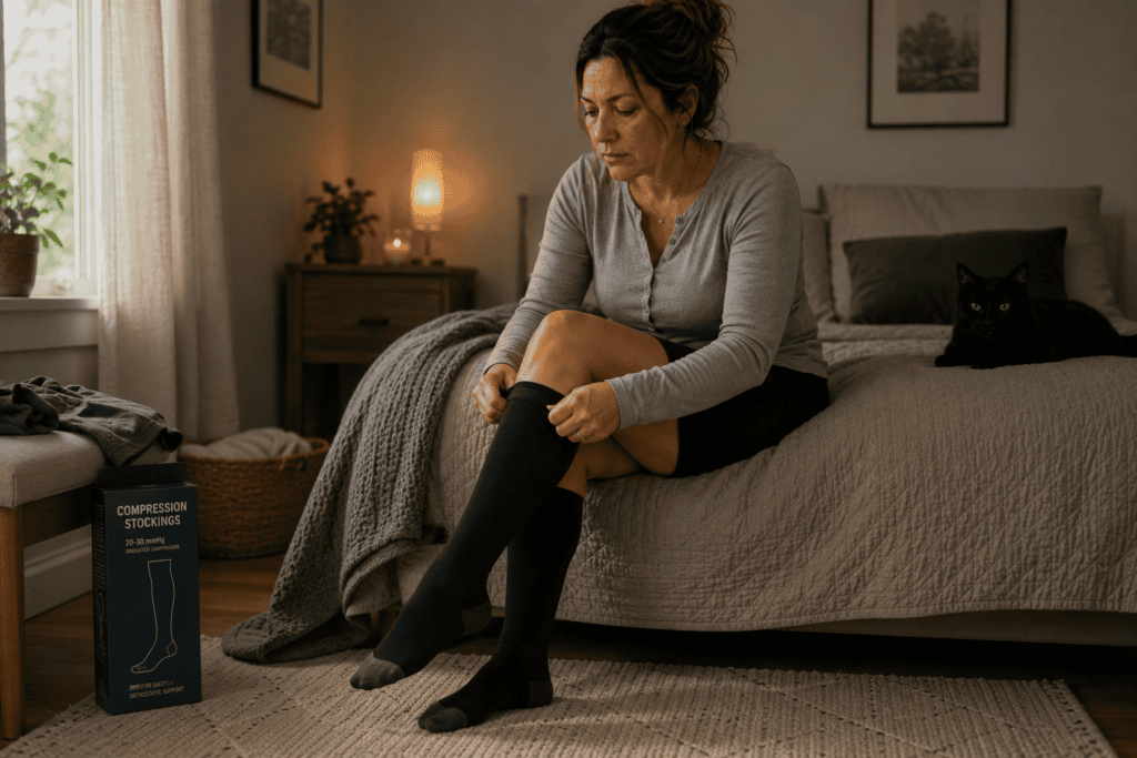 Person sitting on the edge of a bed wearing knee-high or thigh-high compression stockings, demonstrating the daily practice of using compression garments for dysautonomia.